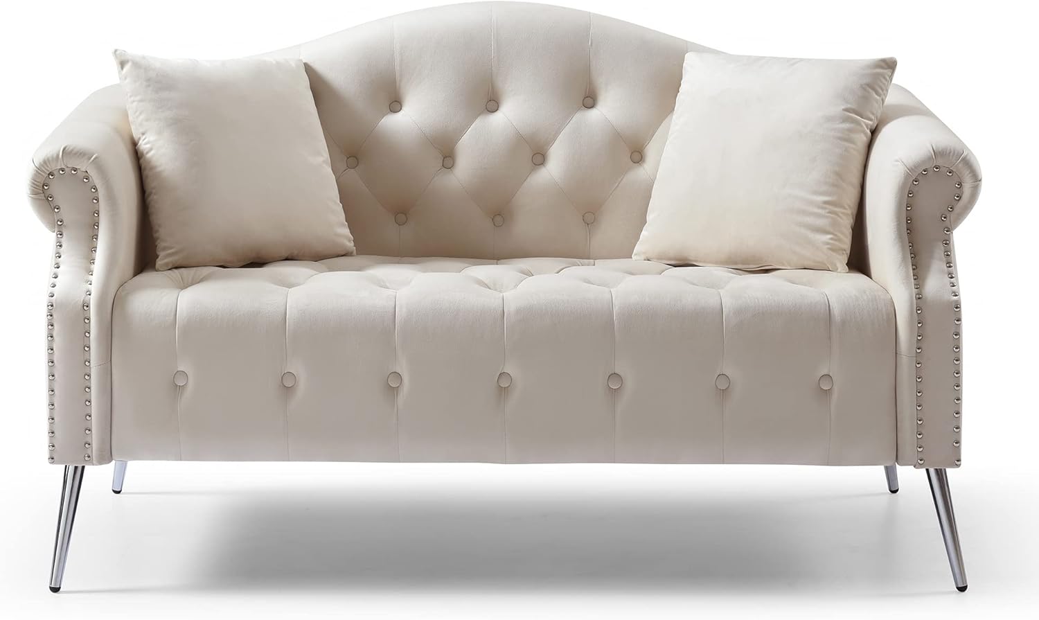 Classic Chesterfield Velvet Sofa Loveseat Contemporary Upholstered Couch Button Tufted Nailhead Trimming Curved Backrest Rolled Arms with Silver Metal Legs Living Room Set,4 Pillows Included,Beige