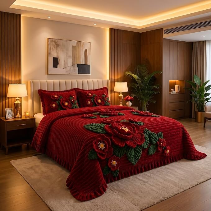 Shaggy Red Floral Embossed Bedspread with Pillow Covers, Double Bed | 3D Flower Design, Ruffled Border, Bedroom Decor, Rich Red Colour-image-0