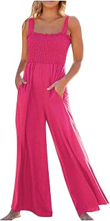 Women's Solid Color Casual Jumpsuits Summer Sexy Sleeveless Wide Leg Pants Pleated Long Rompers with Pockets