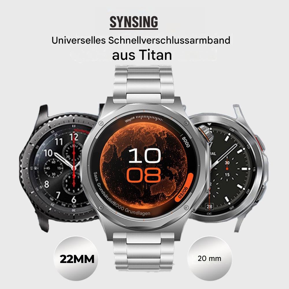 20mm 22mm werkzeugloses Universal-Titanarmband, kompatibel mit Galaxy Watch 6 Classic 43 mm/47mm/5 Pro 45mm/4 Classic 46mm, Metallarmband kompatibel mit Fenix 8 43mm, Gear S3 Frontier