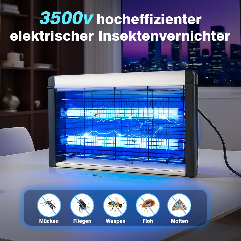 Insektenvernichter Elektrisch, Leistungsstark 3500V & 20W UV Elektrische Fliegenfalle, Mückenlampe mit Waschbares Tablett und Aufhängekette Geeignet für Schlafzimmer, Wohnzimmer, Esszimmer