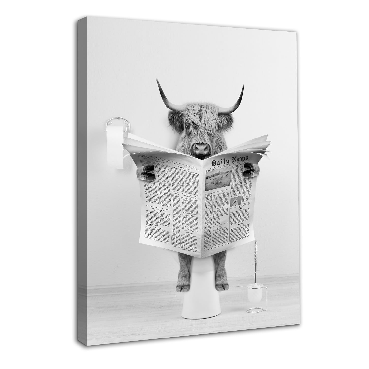 Dazzlewall Framed Funny Highland Cow Wall Art Decor, Black and White Cow Wall Picture for Bathroom Toilet Decor 12x16 in
