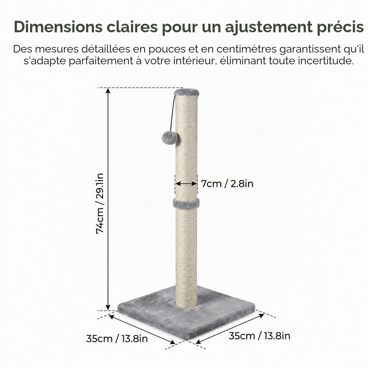 Dimaka Griffoir pour chat de 73,7 cm de haut, corde en sisal recouvert de peluche douce et lisse, griffure verticale [pleine strectch], design moderne de 73,7 cm de hauteur (gris)
