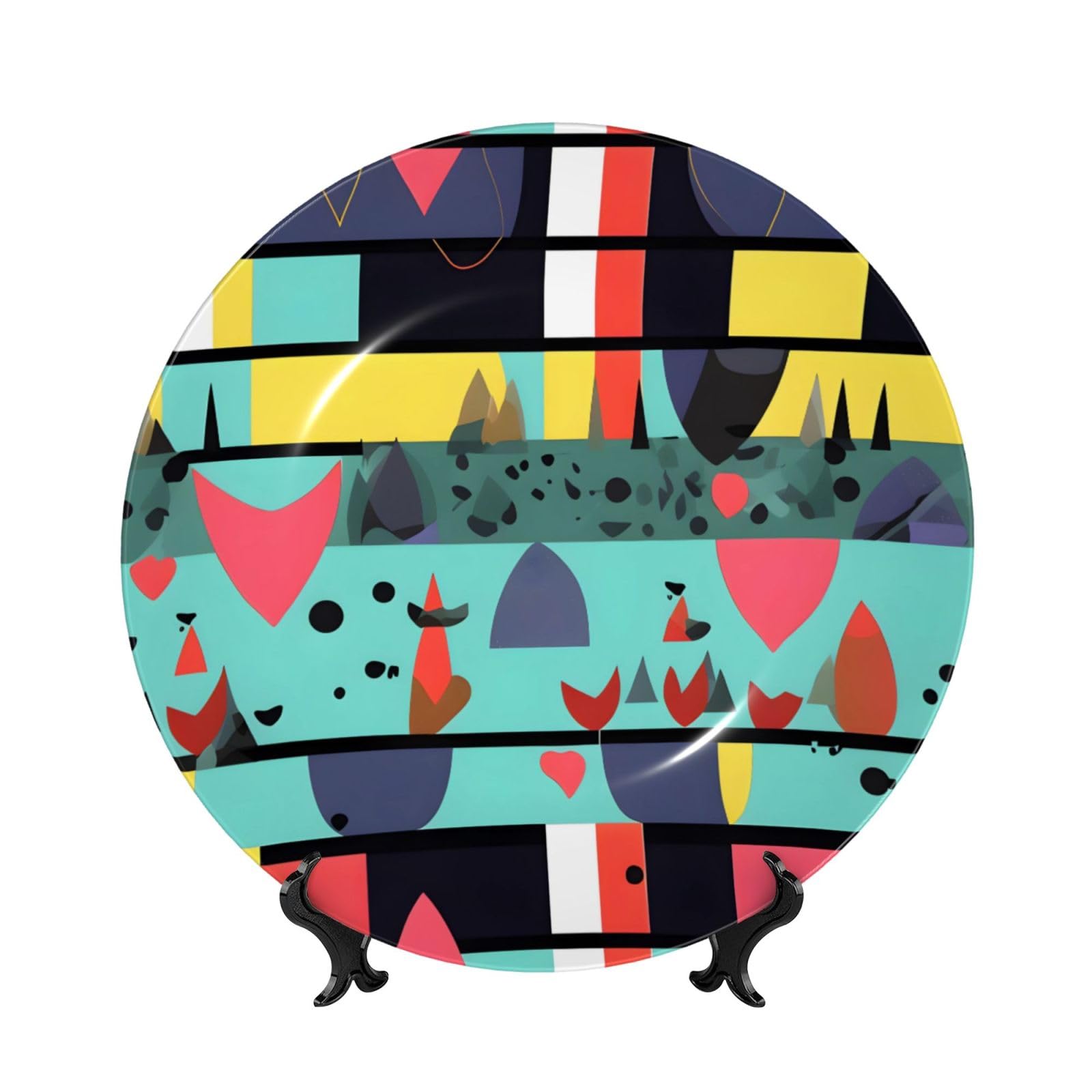 SXZVVBN Geometric patterns Bone China Decorative Plate Art with Stand Removable Adhesive Hanging for Home Office 7in