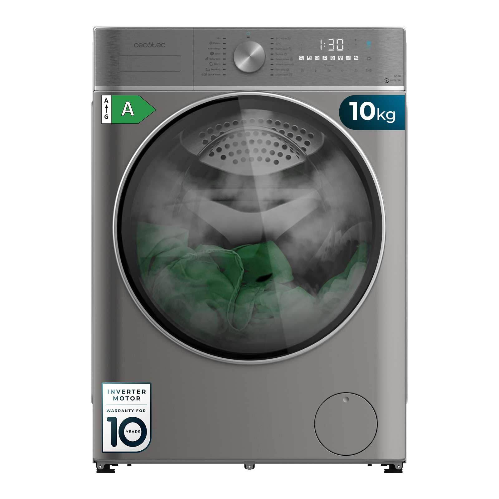 Cecotec Lavadora Secadora 10-6Kg Carga Frontal Bolero Wash&Dry 10680 Inverter Steel A. 1400RPM, 16 Programas, Motor Inverter Plus, SteamMax, OnSmart, Smooth Wash, SpaCare y Goma Antibacteriana