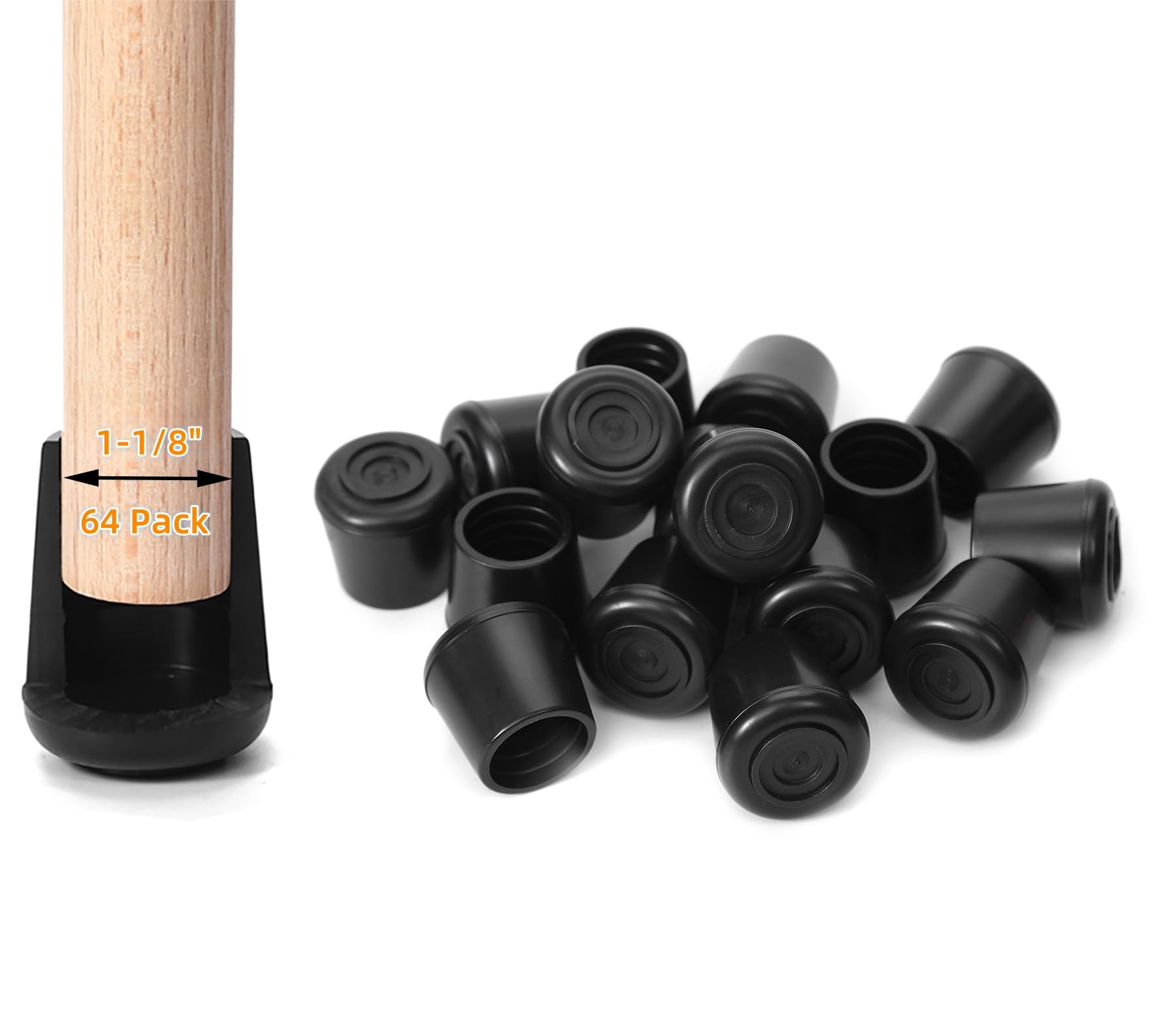 Furnigear Chair Leg Tips Caps Non-Slip Rubber Leg Tips 1-1/8” Inner Diameter Chair Leg Floor Protectors Round Black, 64 Pack