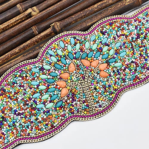 idealway Bohemian Women Belts Wide Stretch Elastic Waist Cinch Belt Handmade Beaded Flower Adjustable Belt for Dresses4
