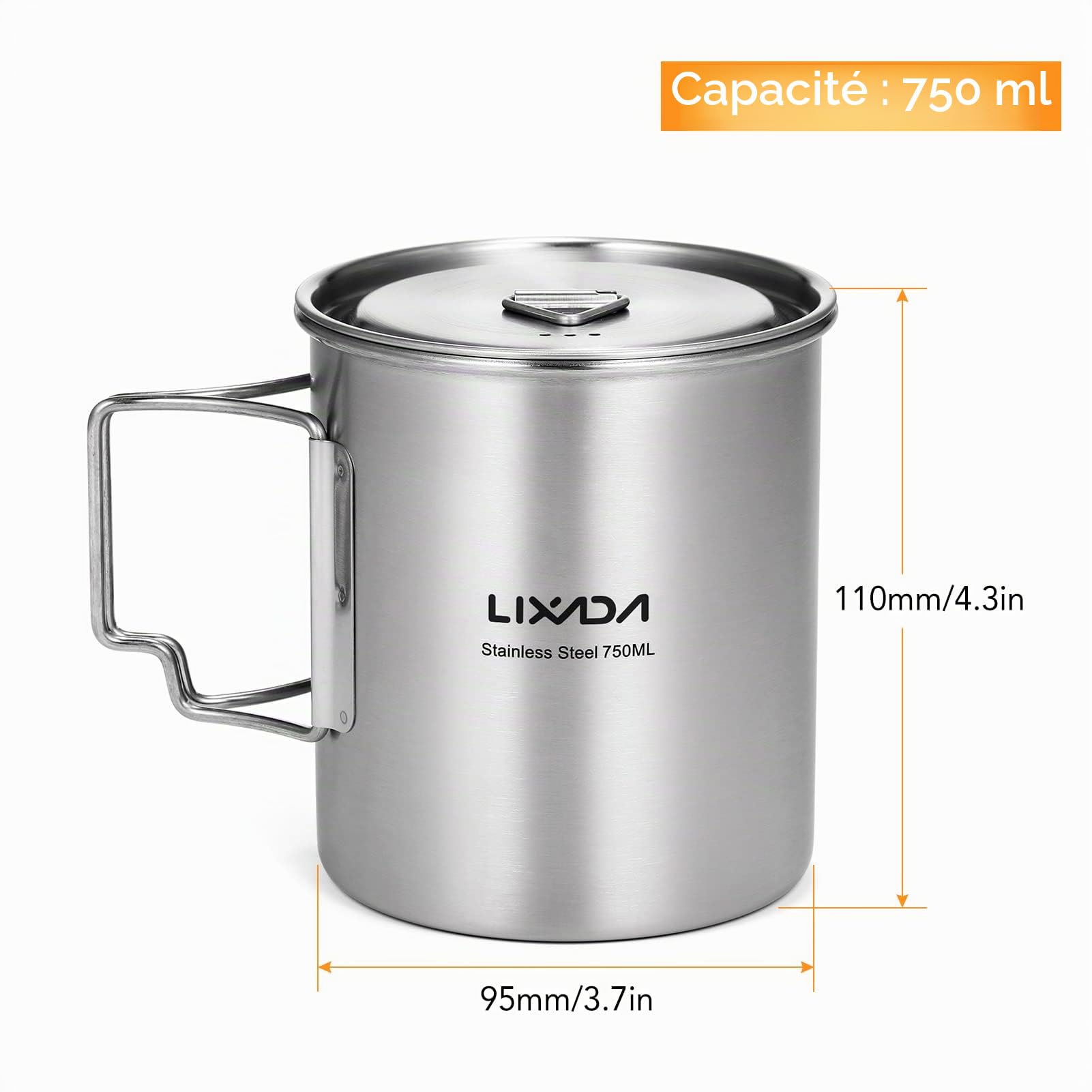 Lixada Tasse Camping Pot Ultralight à Piston Inoxydable avec Couvercle et Poignée Pliable pour Camping en Plein Air Randonnée Pédestre