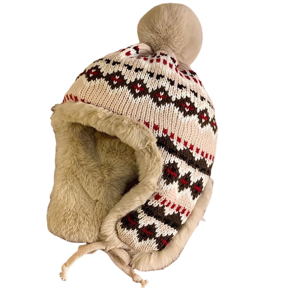 Czapki dla kobiet kobiety zimowa czapka beanie gruba podszewka ciepła klapka na uszy czapka traperska pompon żakardowa dzianinowa na zewnątrz narciarska czapka śnieżna