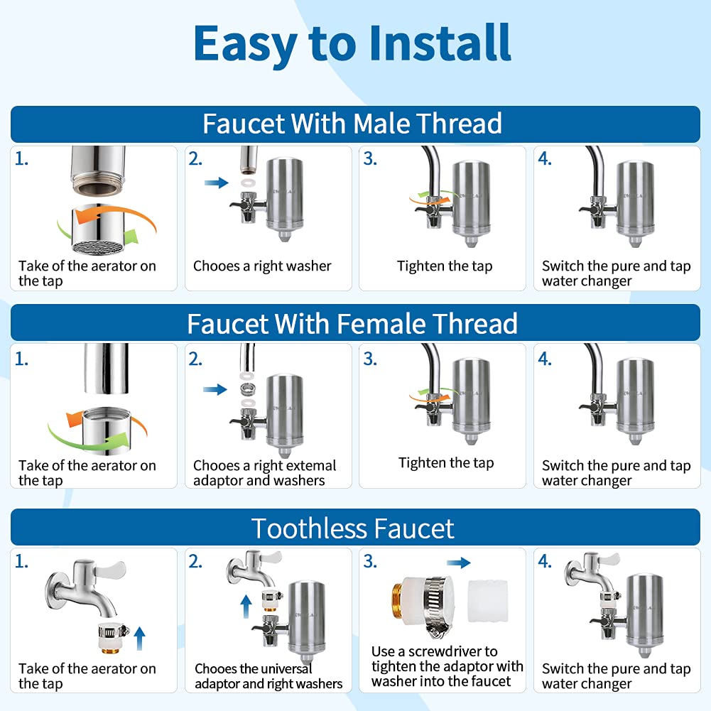 Faucet Water Filter, Oweilan 304 Stainless-Steel Water Filtration System, High Flow Water Purifier with ACF Carbon Filter Element, Tap Water Filter Reduces Chlorine, Heavy Metals, Lead & Bad Taste: Tools & Home Improvement