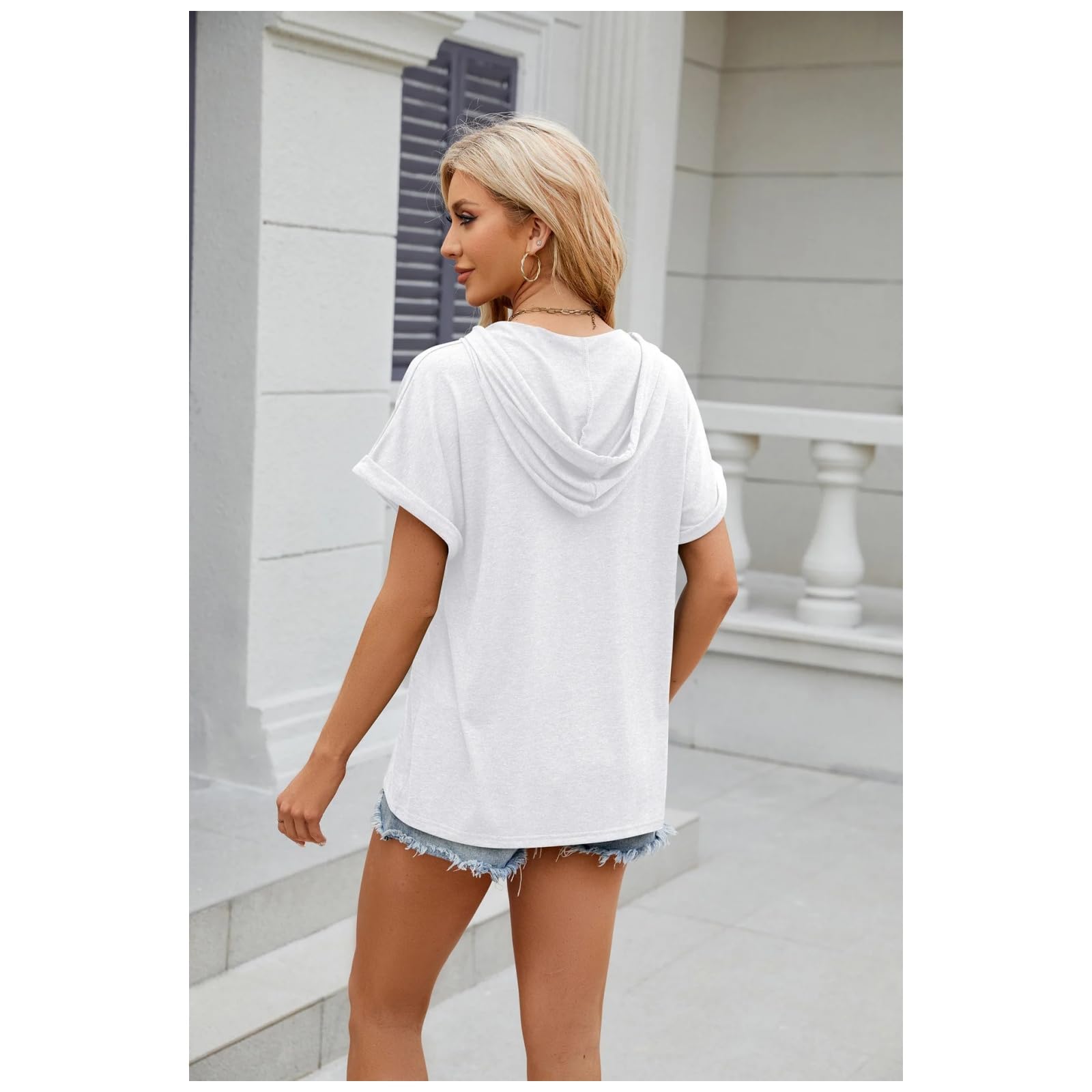 Camicia Donne Sciolte Casual Bottoni con Cappuccio Estate Top-Shirt