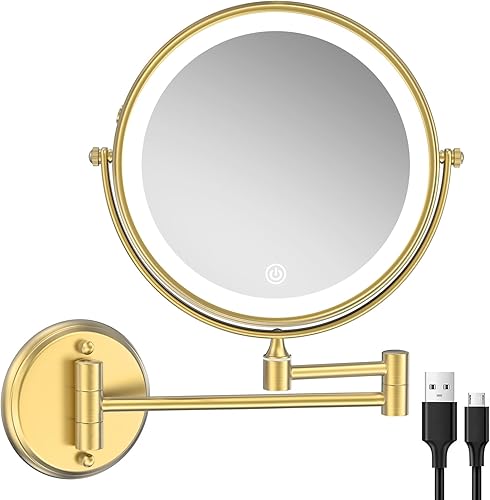 Espejo de maquillaje iluminado montado en la pared, espejo de aumento recargable de doble cara de 8 pulgadas, 1X10X, espejo de tocador LED de 3