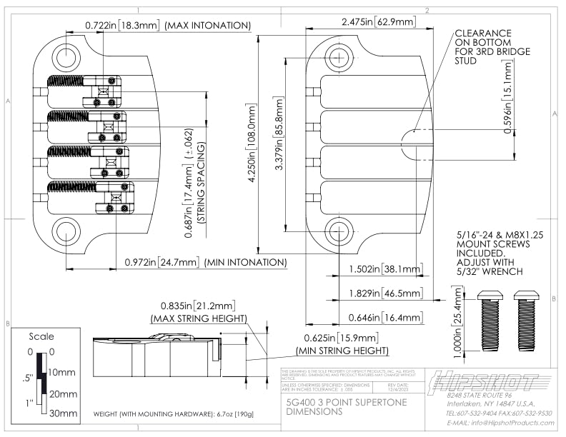 Amazon | Hipshot String Supertone Bass Bridge 3ポイント クローム