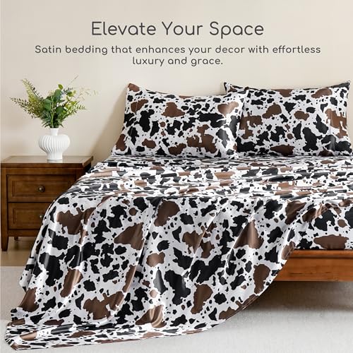 Image of MR&HM Satin Sheets with Elastic Corner Straps, Twin Size 3-Piece Silky Bedding Set, Deep Pocket 15 Inches, Good for Hair & Skin (Twin, Cow Print)