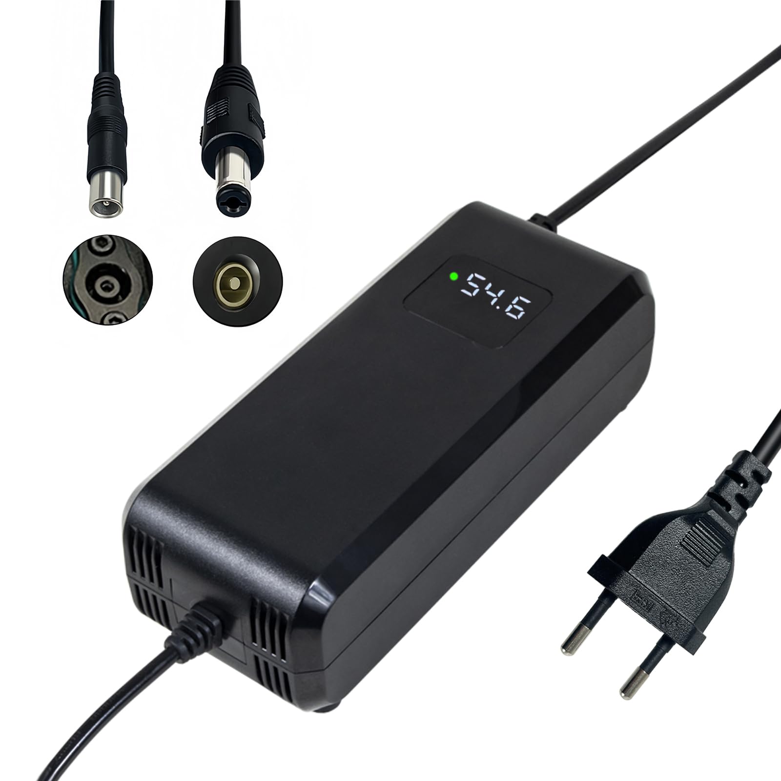 Cargador batería 54.6V 4A, para batería de Litio de 48V, con Pantalla LED y múltiples Funciones de protección y reparación, certificación CE, Equipado con Conectores RCA 8 mm, DC 5,5 * 2,1 mm