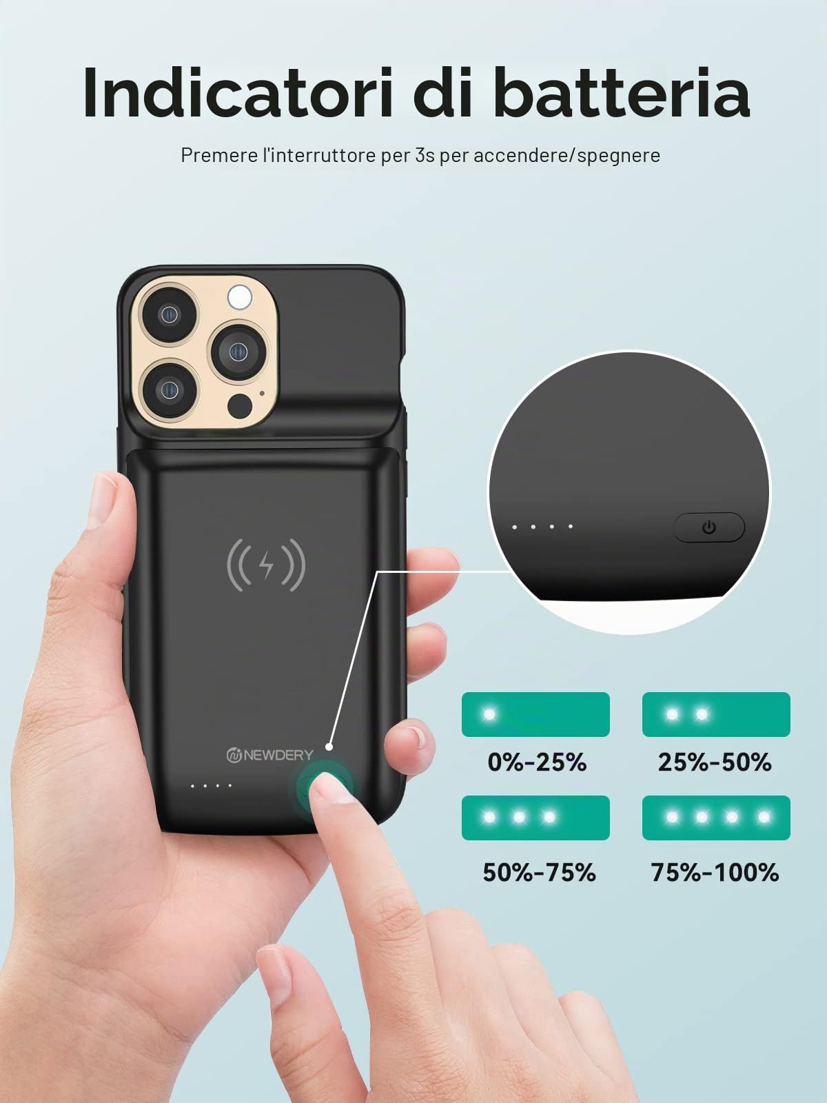NEWDERY Custodia con batteria per iPhone 15 Pro Max/iPhone 15 Plus 10000 mAh, custodia di ricarica portatile ricaricabile con USB C, Qi e supporto wireless magnetico per iPhone 15 Pro Max/Plus