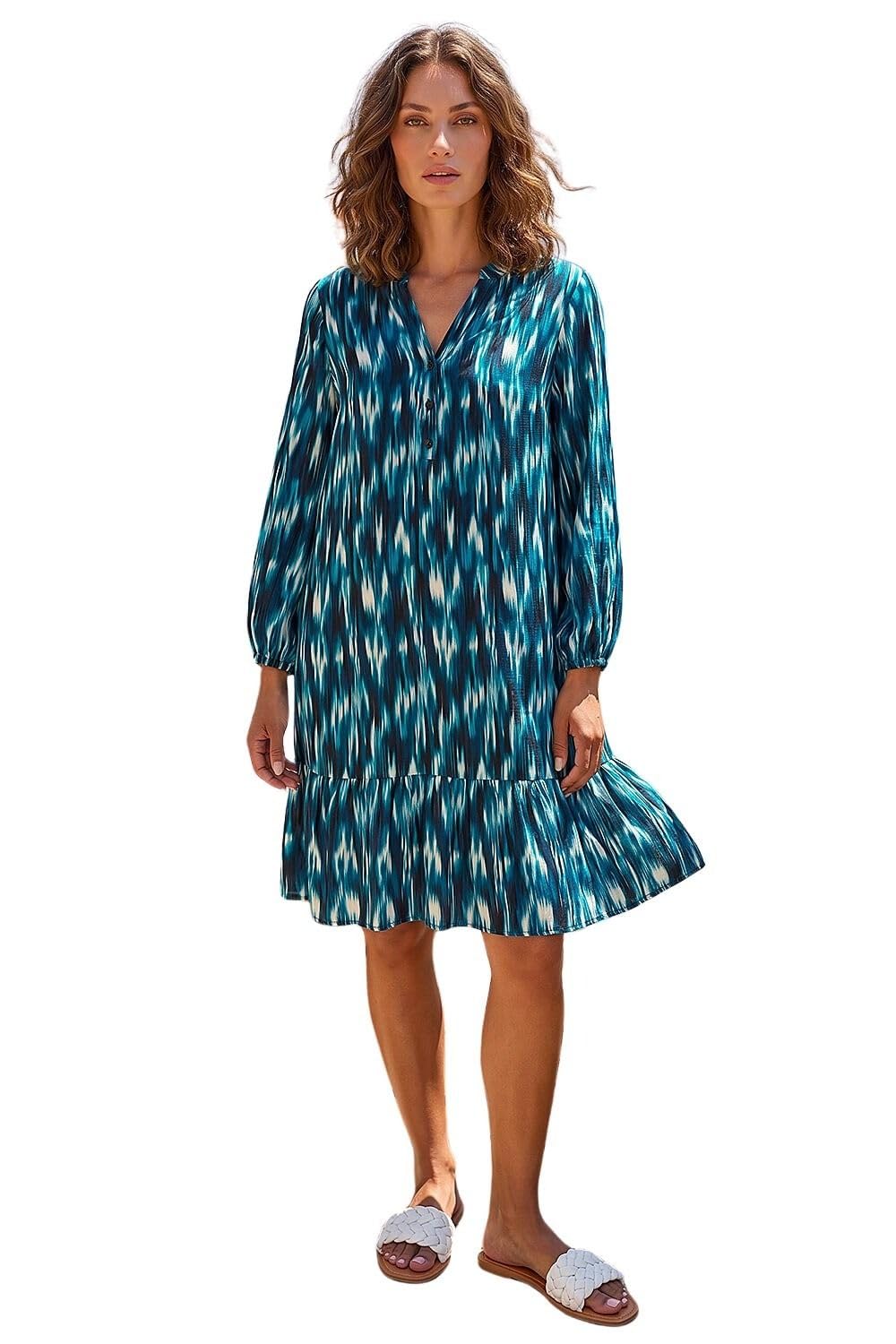 Roman Petite Ikat Print Tiered Hem Dress - Teal - Size 16