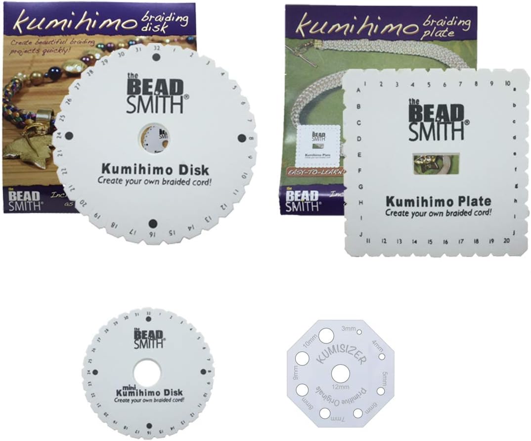 Queenmew Kumihimo Kit Three Different Looms (Round Disk, Square Plate, Mini)