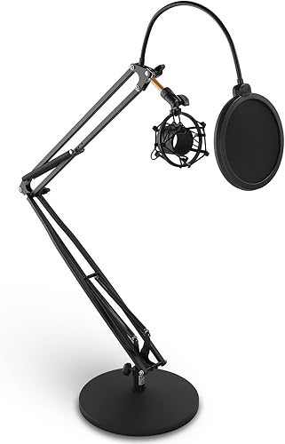 Pyle Soporte de micrófono con brazo de suspensión brazo de tijera ajustable con soporte de choque y filtro pop, extensión de 3.1 pies, instalación