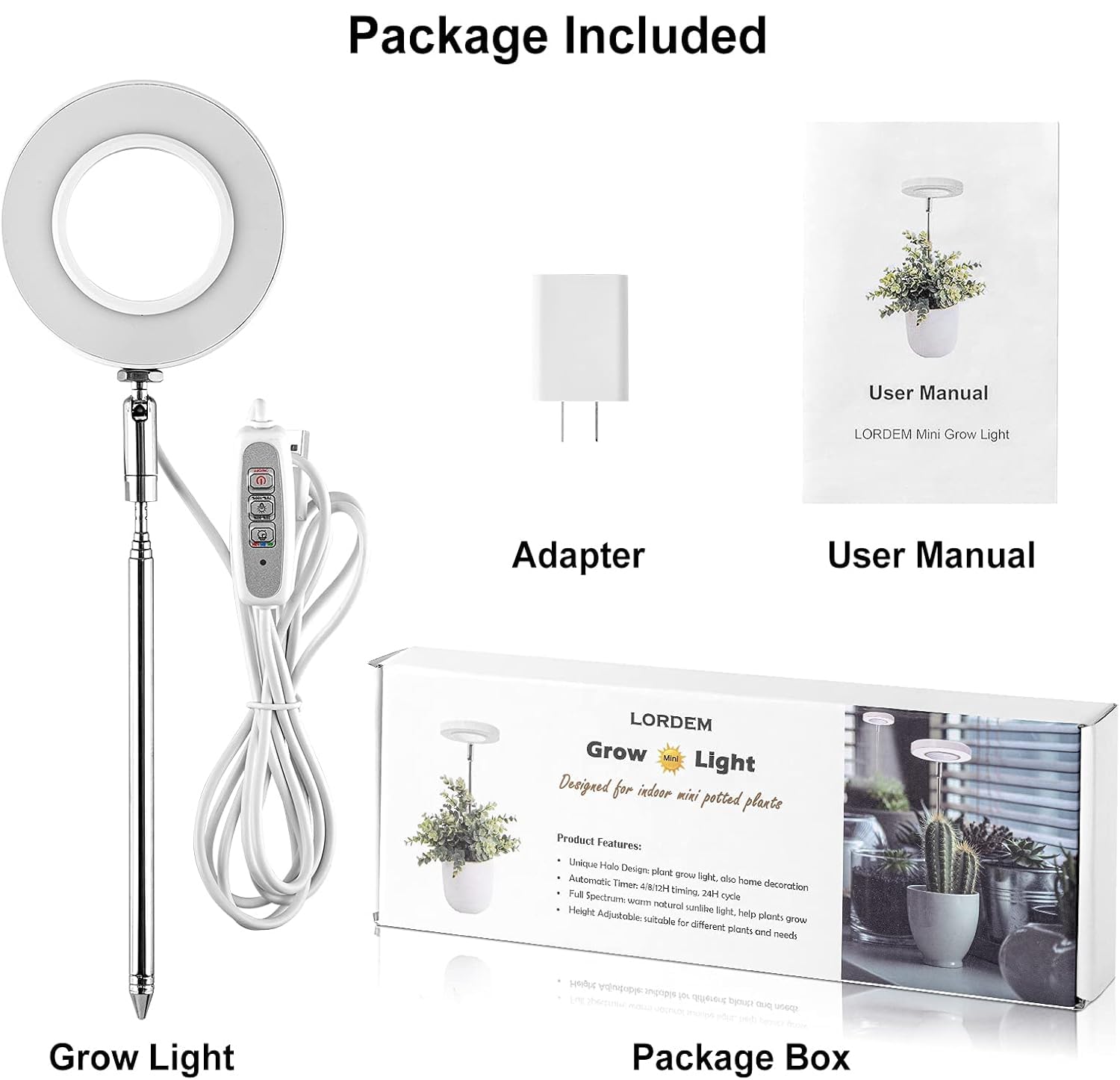 LORDEM Vollspektrum LED Wachstumslampe für Zimmerpflanzen, höhenverstellbare Wachstumslampe mit 4/8/12h automatischem Ein- und Ausschalt-Timer, 4 dimmbare Helligkeiten,