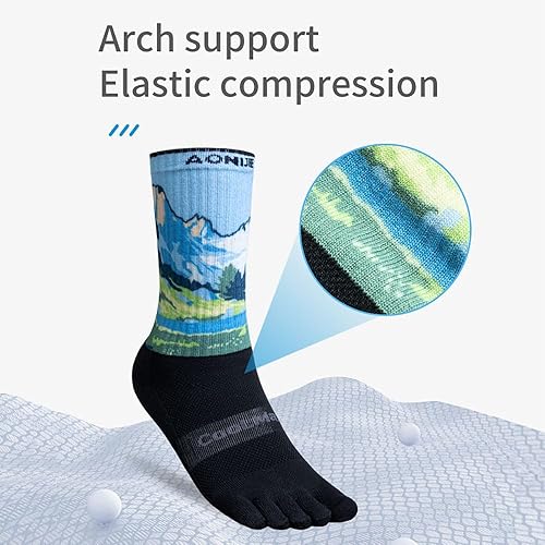 Miniatura 5 de YOUGLE Calcetines de senderismo con forro de rizo grueso Coolmax de cinco dedos para correr, calcetines de media pantorrilla que absorben la humedad