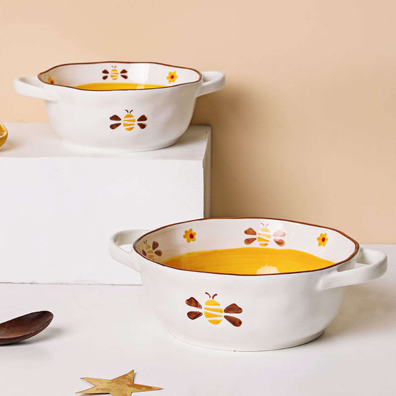 Vaisselle Bol à soupe ramen en céramique, tasse à soupe, bol en céramique, bol à ramen en céramique, grand bol à nouilles Udon, bol à soupe micro-ondes four Safe-bee -20x15x6.5cm,600ml(Color:Bee)