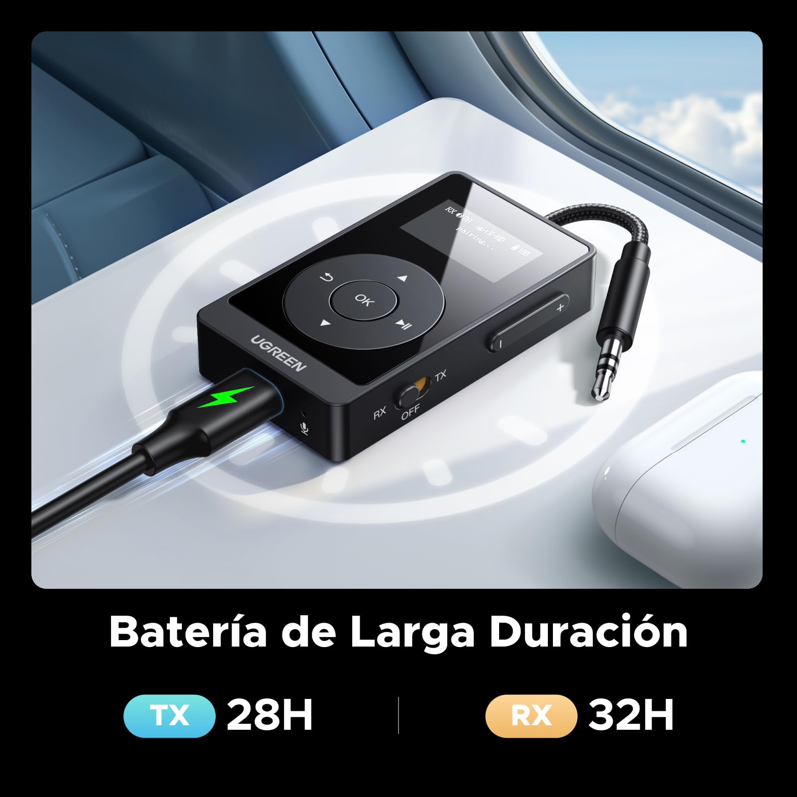 UGREEN Receptor Transmisor Bluetooth 5.3 aptX HQ Adaptador Bluetooth 2 en 1 Jack 3,5mm Audio para Coche Altavoz Auriculares Amplificador TV