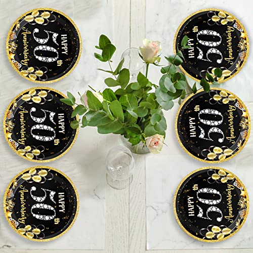 Image of Qyeahkj 48 Pcs 50th Anniversary Party Plate Employee Career Wedding 50th Anniversary Party Gold Black Disposable Paper Dessert Cake Platter Supplies Set for Fiftieth Anniversary Party Decoration Favor