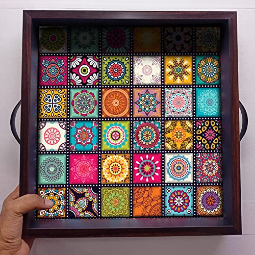 Image of Printelligent Wooden Serving Tray for Serving with Handle, Table Decoration,Coffee Table, Food, Tea, Ottoman, Restaurant Size (12 Inches x 12 Inches, Brown) (K)