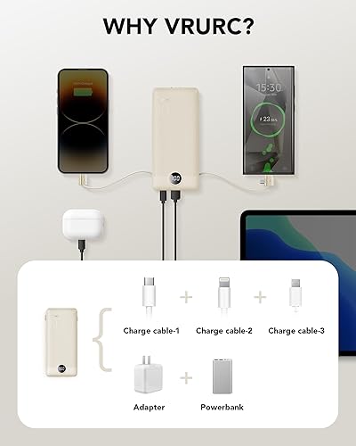 Miniatura 4 de Cargador portátil con cables integrados y enchufe de pared de CA, cargador de batería USB C de 10000 mAh, batería de viaje, cargador de teléfono