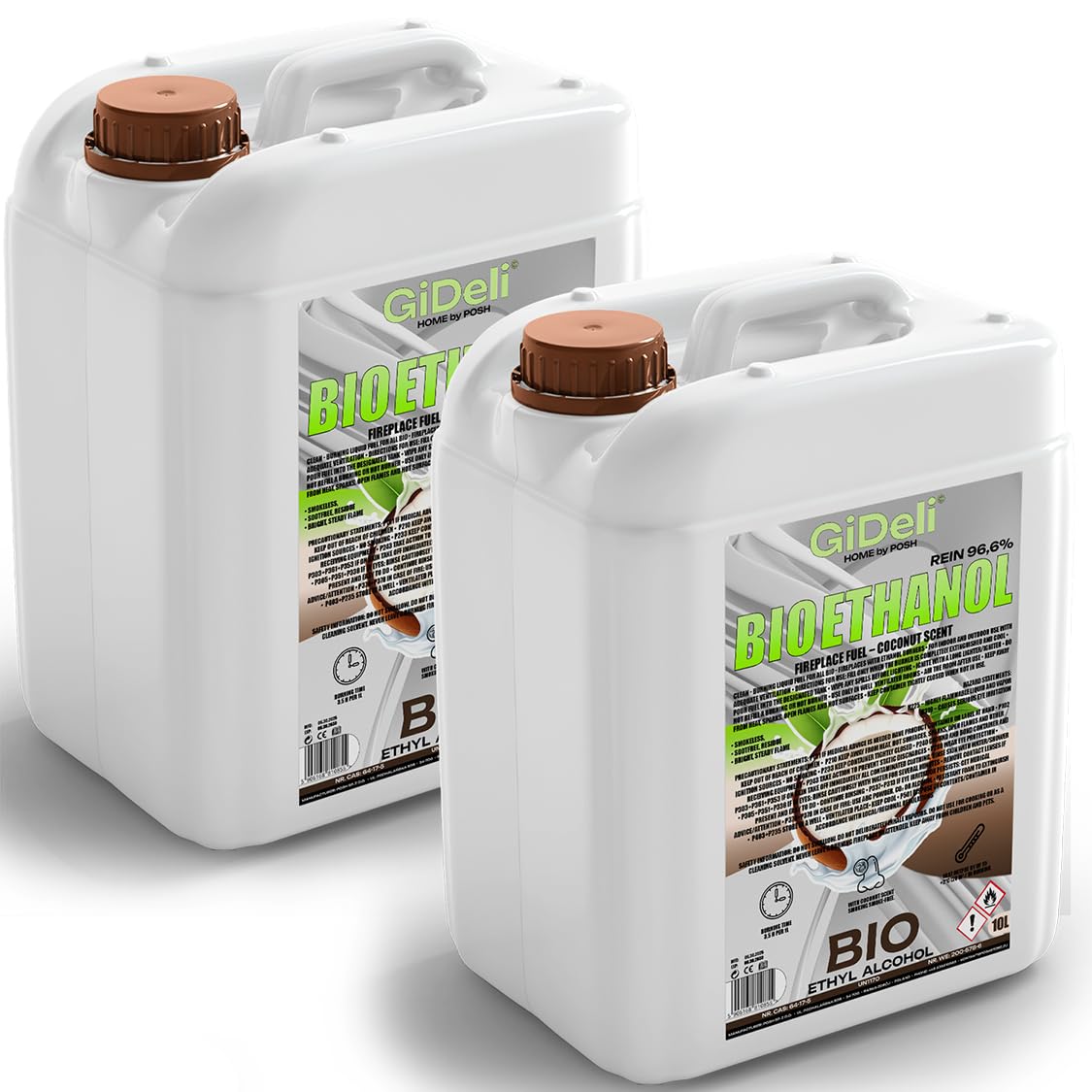 GiDeli Bioetanolo 2 x 10 l profumo di cocco 96,6% etanolo per camini interni ed esterni, senza fumo e fuliggine, da mais e barbabietola da zucchero