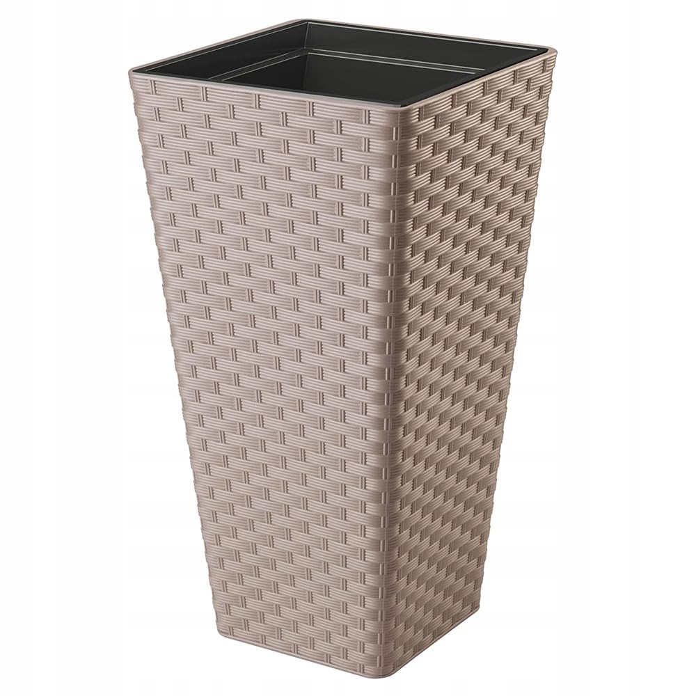 B2C Square Tall Plant Pot Elegant Large Flower Indoor Outdoor Garden Planters Rattan Look Pattern Home Patio Plastic 2 Sizes (Taupe, H 75cm x D 40cm)