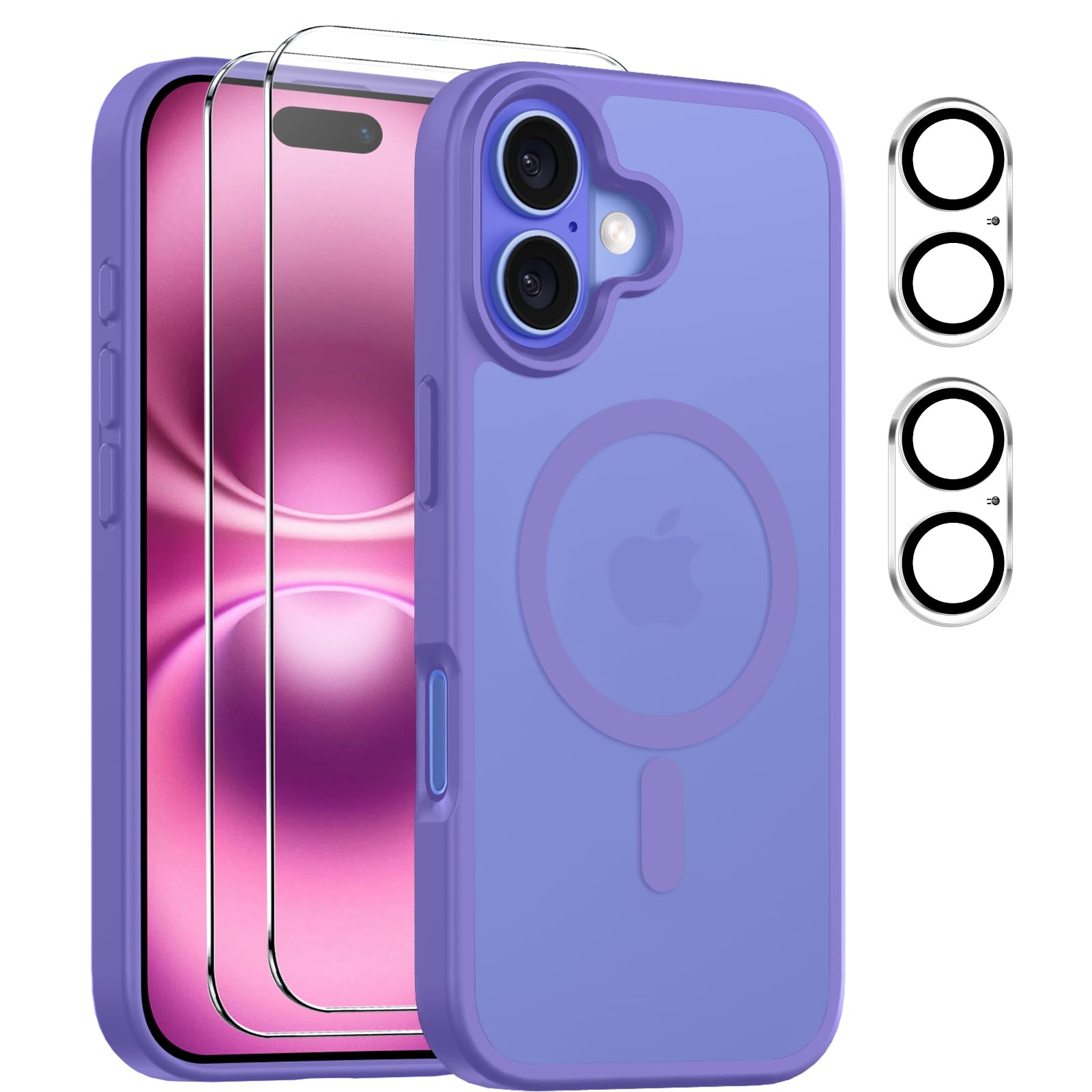 Magnetic Cover per iPhone 16 Compatibile con 2 vetri temperati e 2 vetri per fotocamera, Translucent Matte Slim Back PC+TPU Bumper Shockproof - Viola chiaro