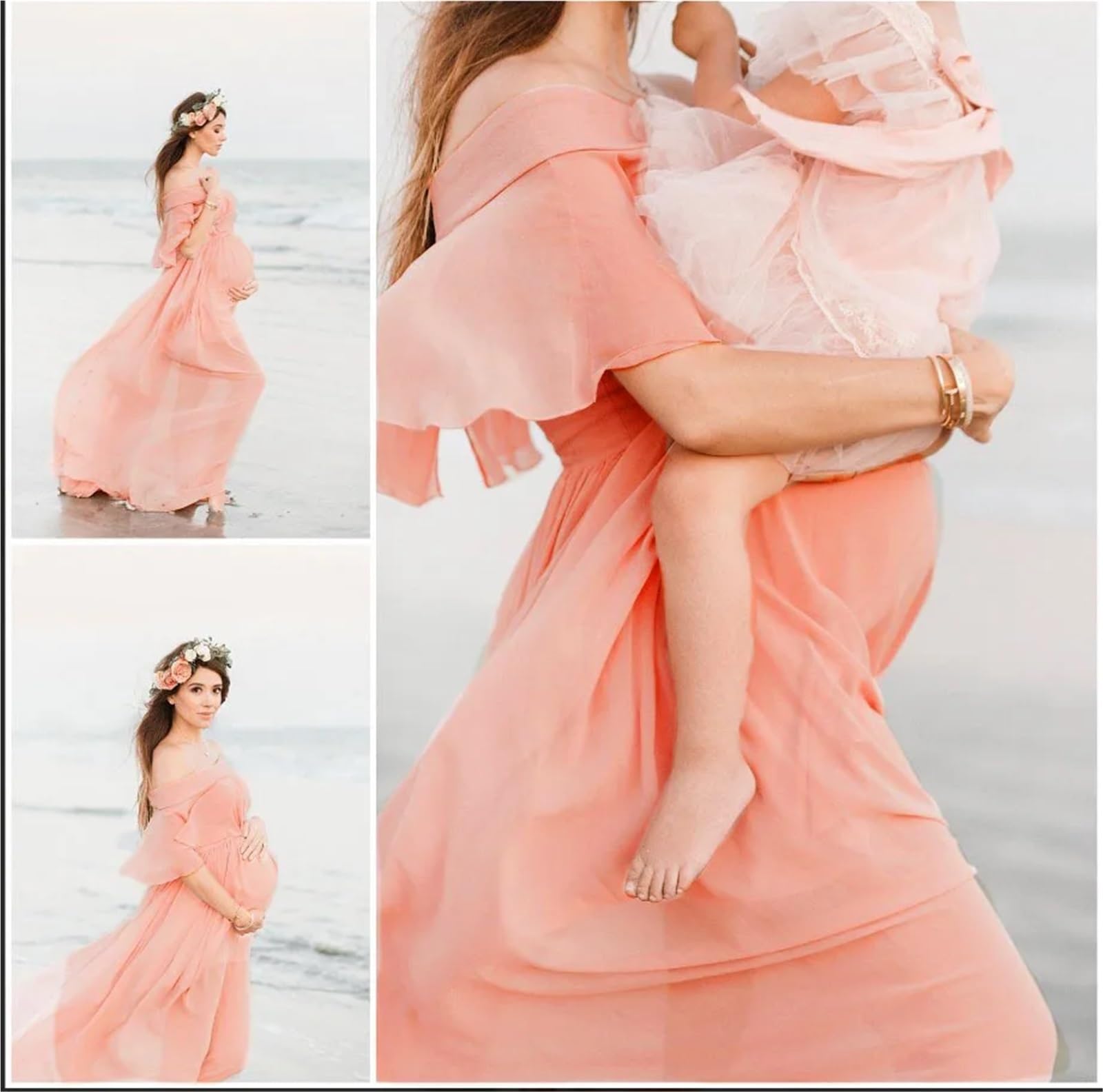 Abiti Premaman Abito Lungo Boho Ampio e Largo in Misto Raso di Cotone Chiffon, con Maniche fluide Spalle Scoperte, Sexy Fotografico for maternità