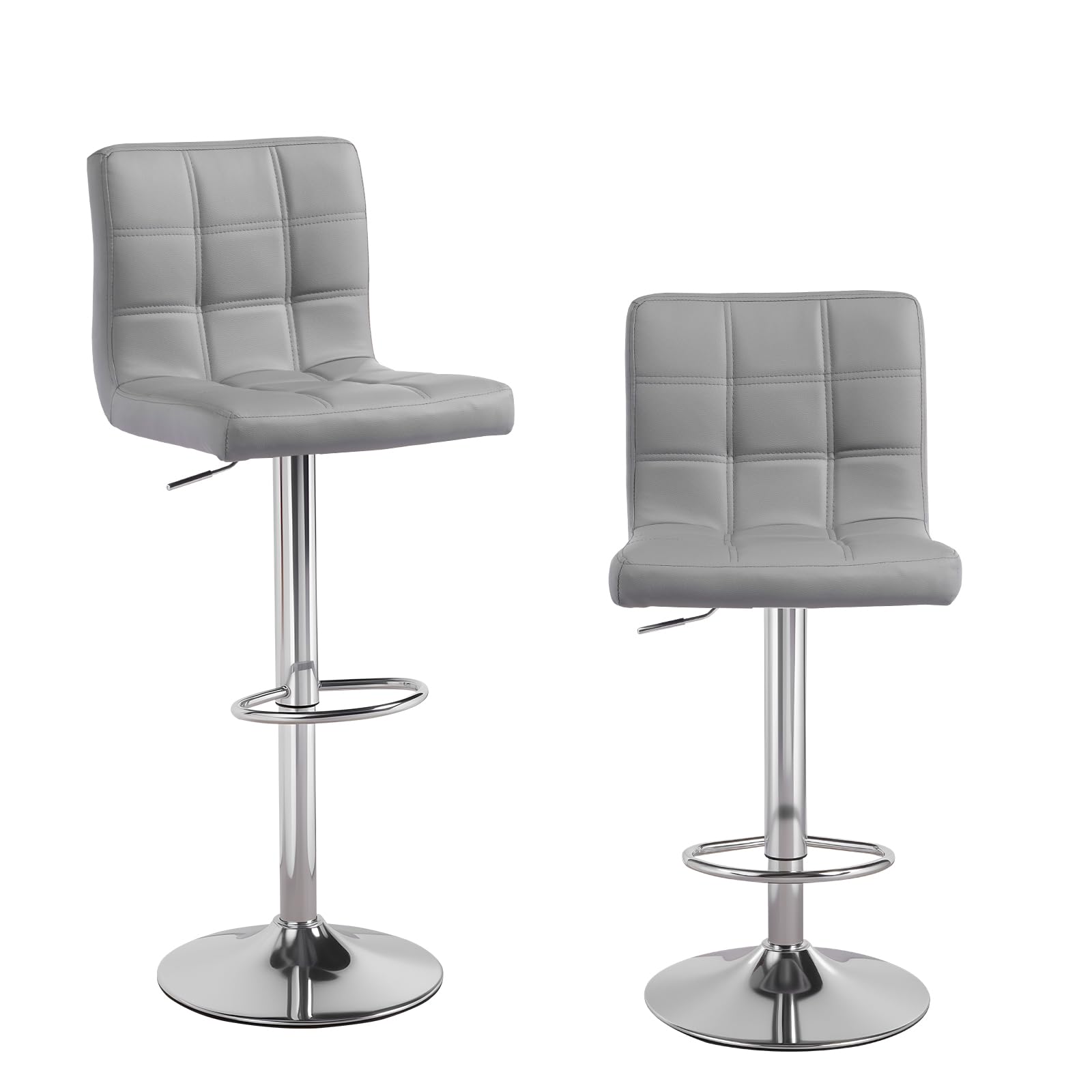 Height Adjustable Cuban Bar Stool With Synthetic Leather 360° Swivel, Backrest and Footrest for Kitchen, Counter, Breakfast (Gray, Set of 2)
