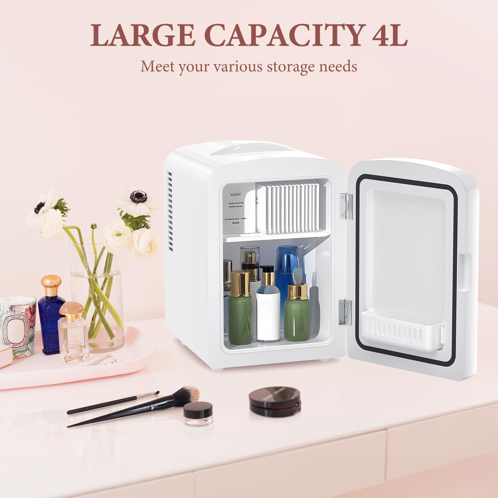 Xbeauty Skincare Fridge With Dimmable LED Mirror, 4L Mini Makeup Refrigerator for SkinCare, Cosmetics, Food & Drinks, Portable Small Refrigerator for Bedroom, Dorm, Car, Office, white