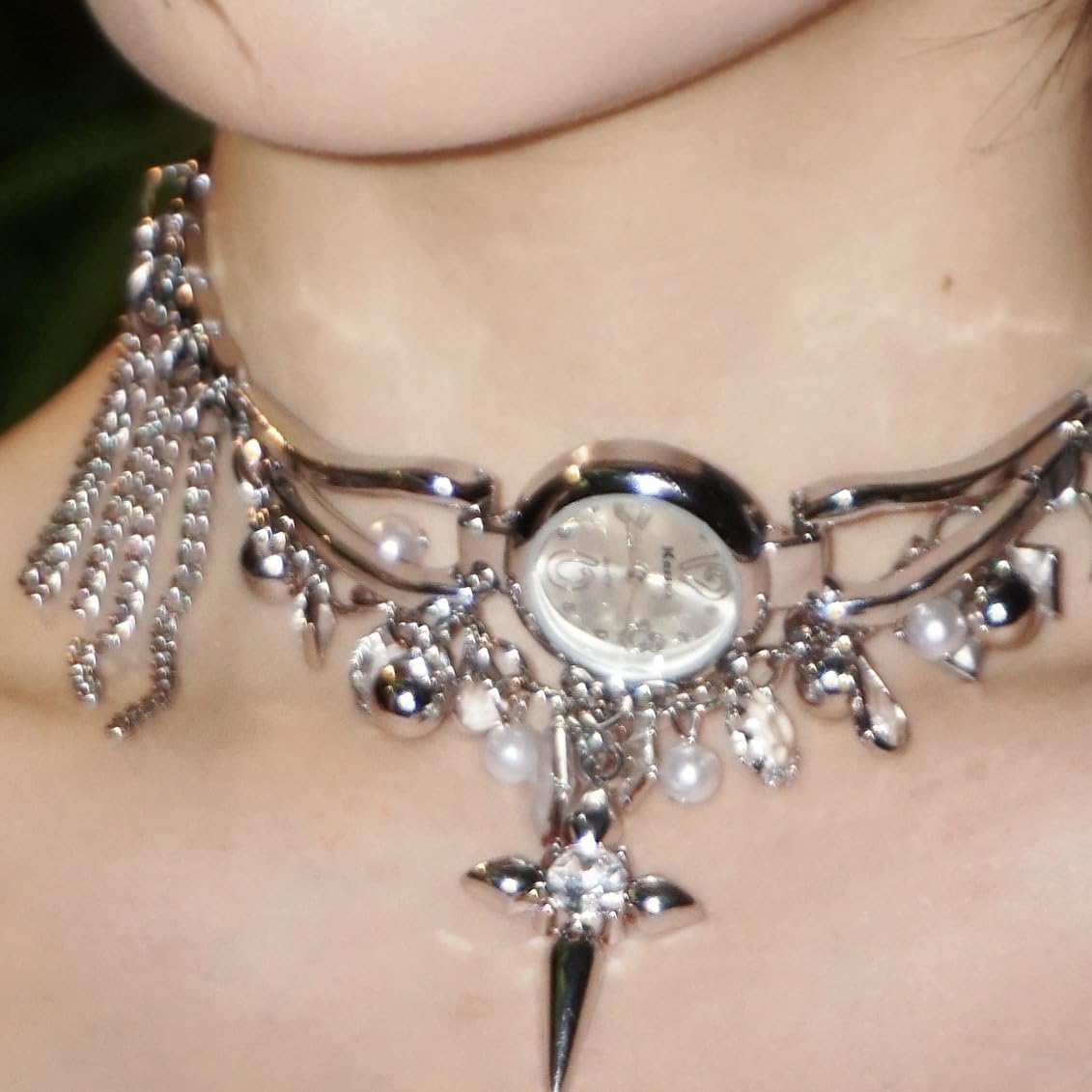 Cross Watch Necklace with Tassels and Stars, Vintage-Inspired Pendant Chain, Unique European-American Style Jewelry