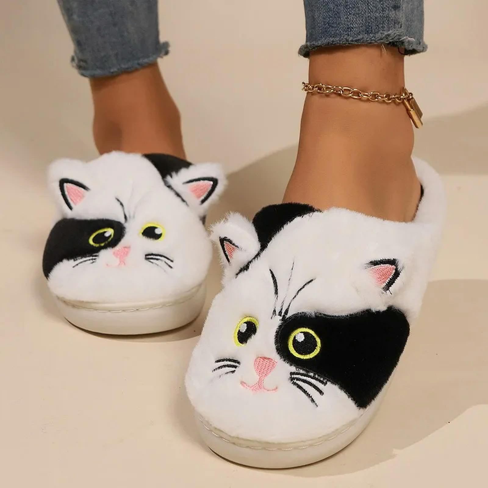 Pantofole Slipisti da Gatto Carini Soffici Pelose Donne Pannelli da Casa Uomo Pantofole Invernali Pannelli da Peluche per Scarpe da Cotone per Interni-Bianco A Nero-44-45