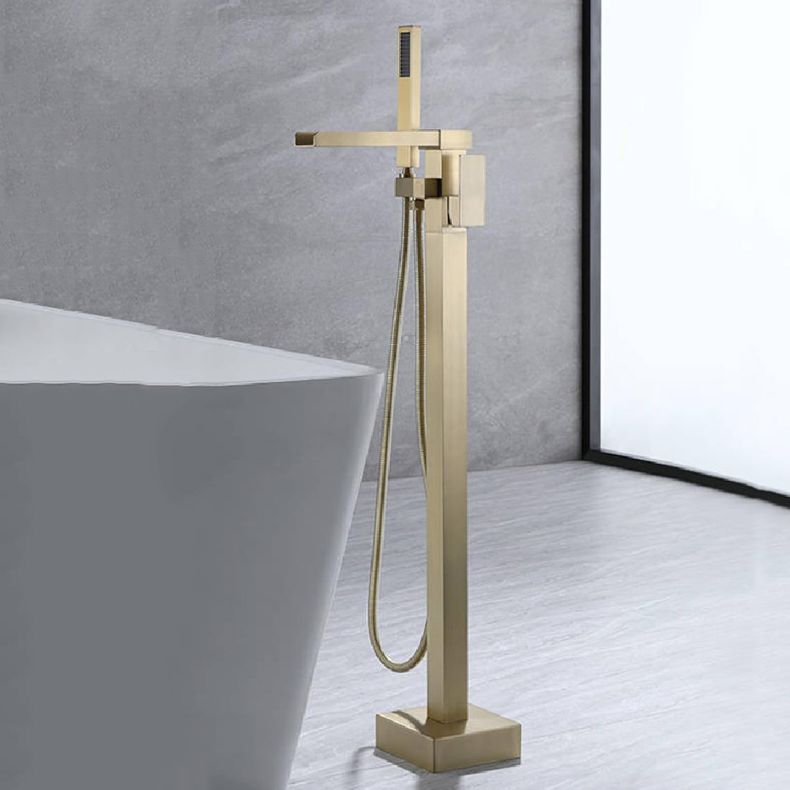 HADECOLL Freestanding Bath Shower Mixer Tap Waterfall Brass Hot And Cold Floorstanding Bath Taps With Shower, Black,Brushed Gold