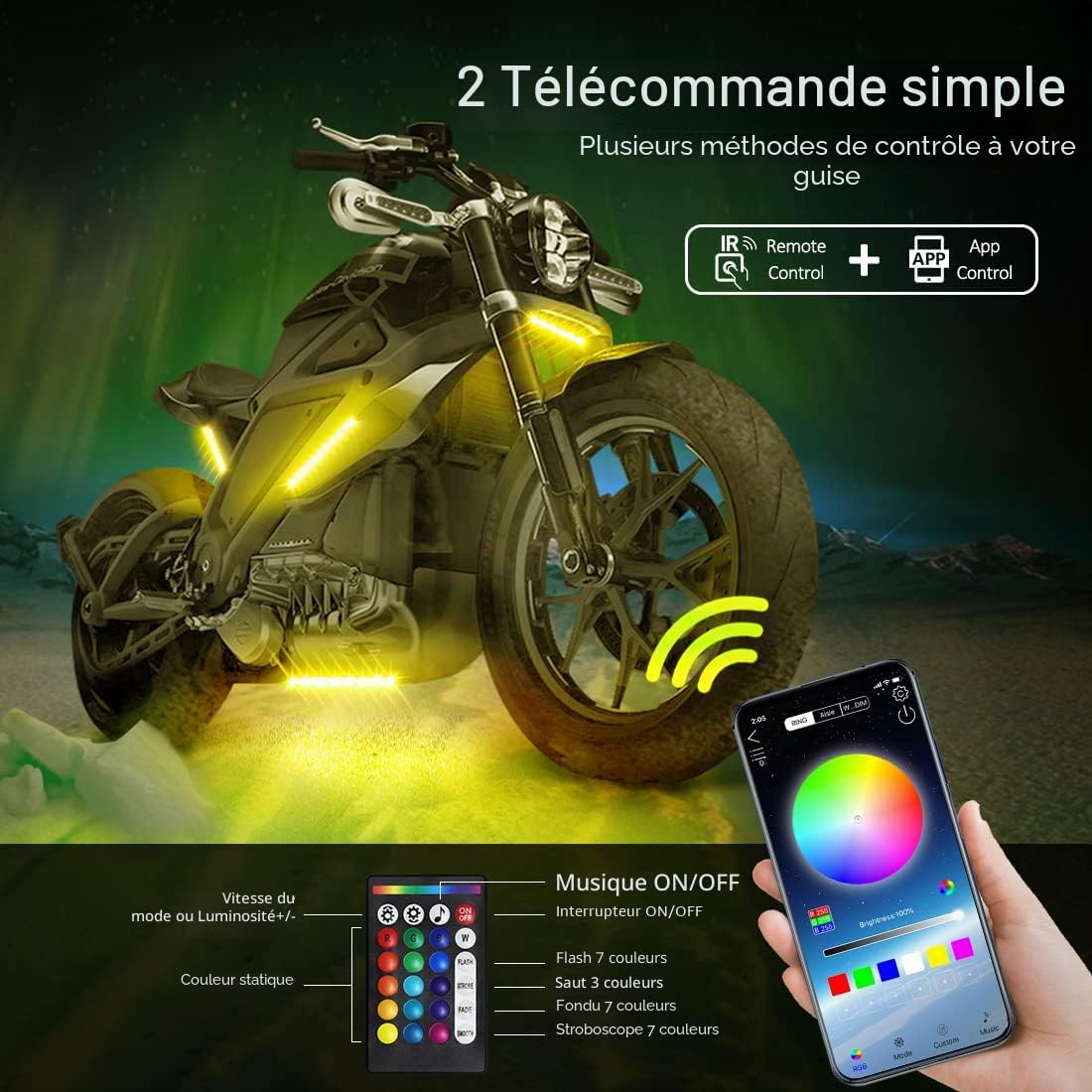 Kit de 12 lumières LED, bande LED RVB pour moto avec mode musique, fonction de feu stop multicolore, contrôle par application sans fil, DC 12 V