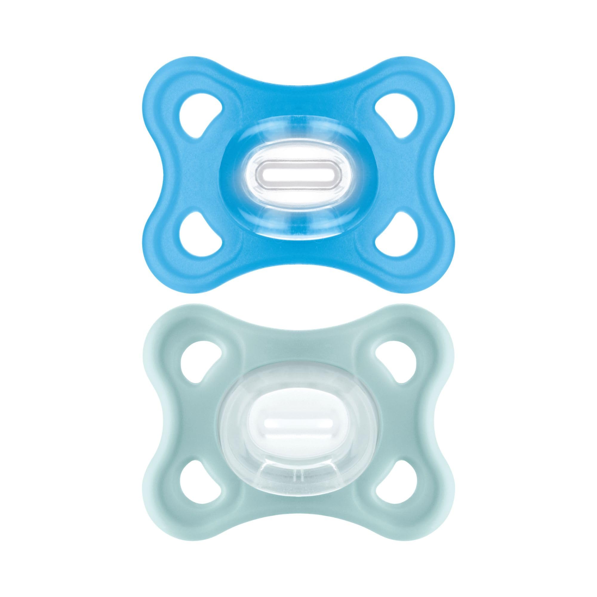 MAM Comfort Succhietto 3-12 mesi (Set da 2), Ciuccio MAM 3-12 mesi in 100% silicone con design unico, Kit da 2 accessori neonato morbidi e leggeri con porta ciuccio sterilizzatore, Azzurro/Neutro