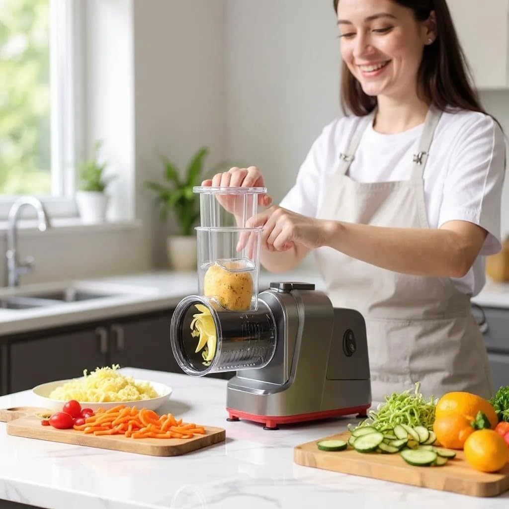 Electric Cheese Grater 5-in-1 – Multi-Function Electric Slicer & Shredder for Cheese, Vegetables, Nuts & More – 150W Powerful Motor, Stainless Steel Blades, Easy to Clean.