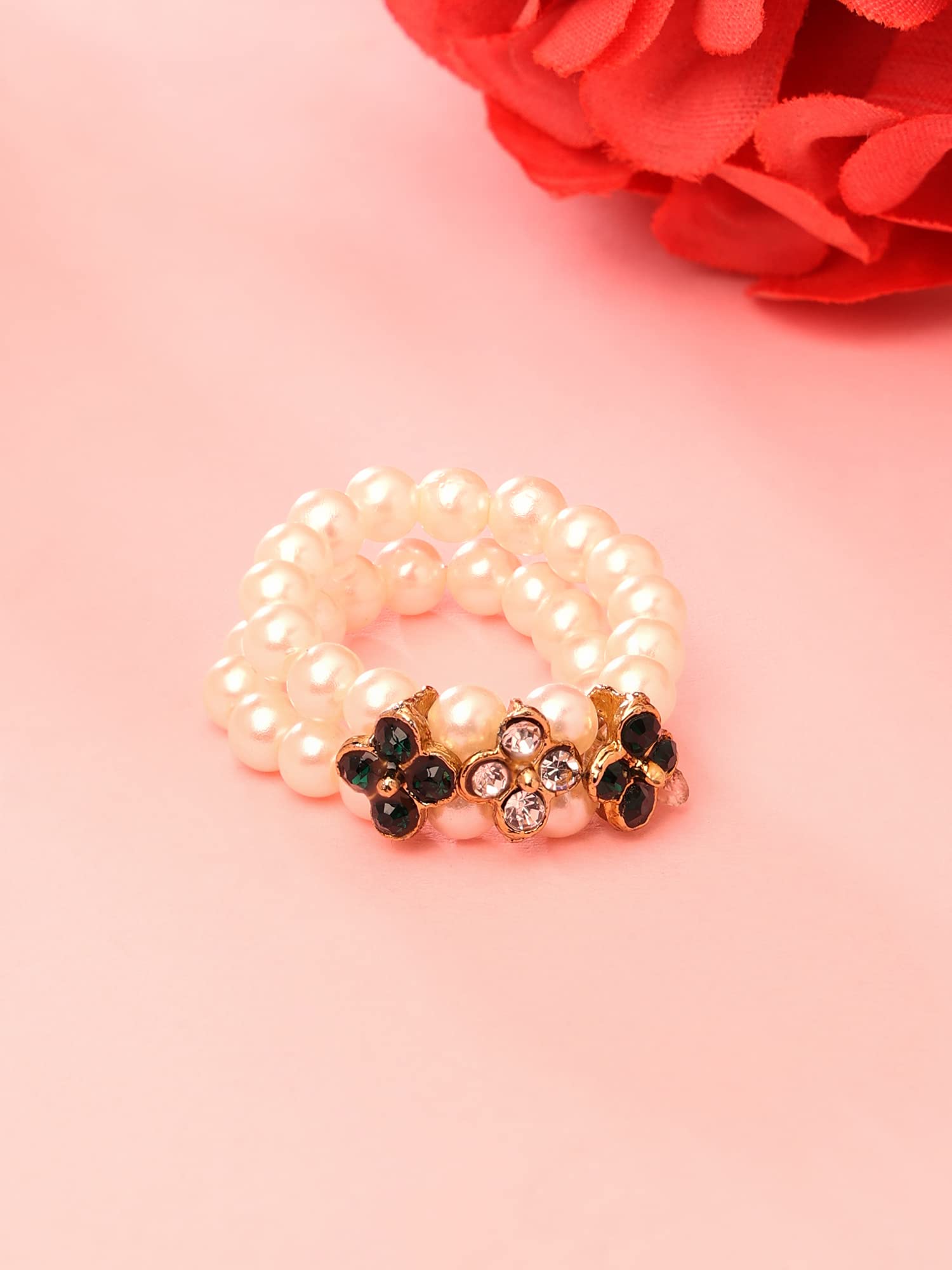 Beaded Elasticated Fusion Ring with Diamonds