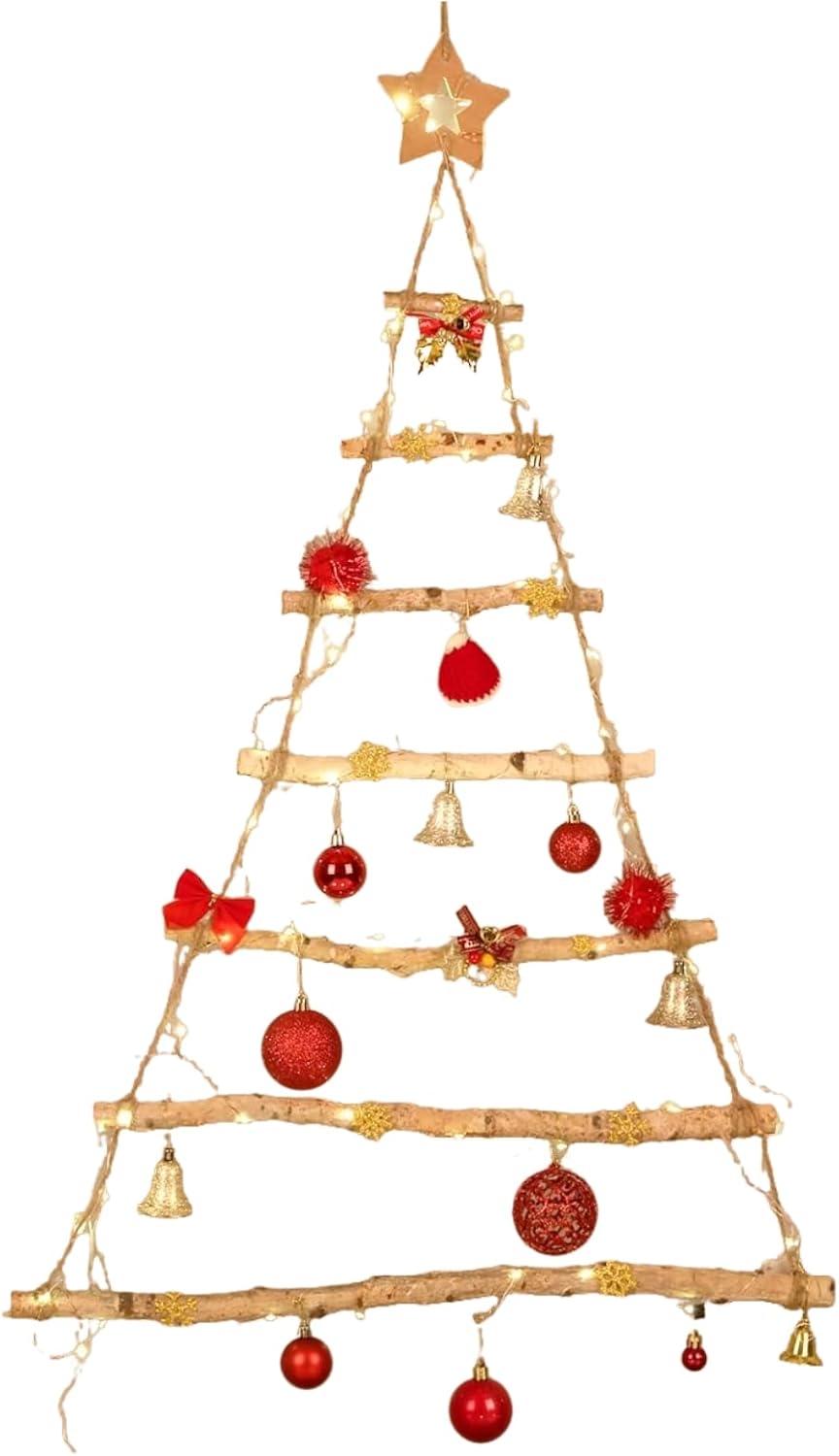 GWHOLE Wall Hanging Christmas Tree, Christmas Tree Ladder with Star Topper for Hanging Xmas Decoration Ornaments Photos