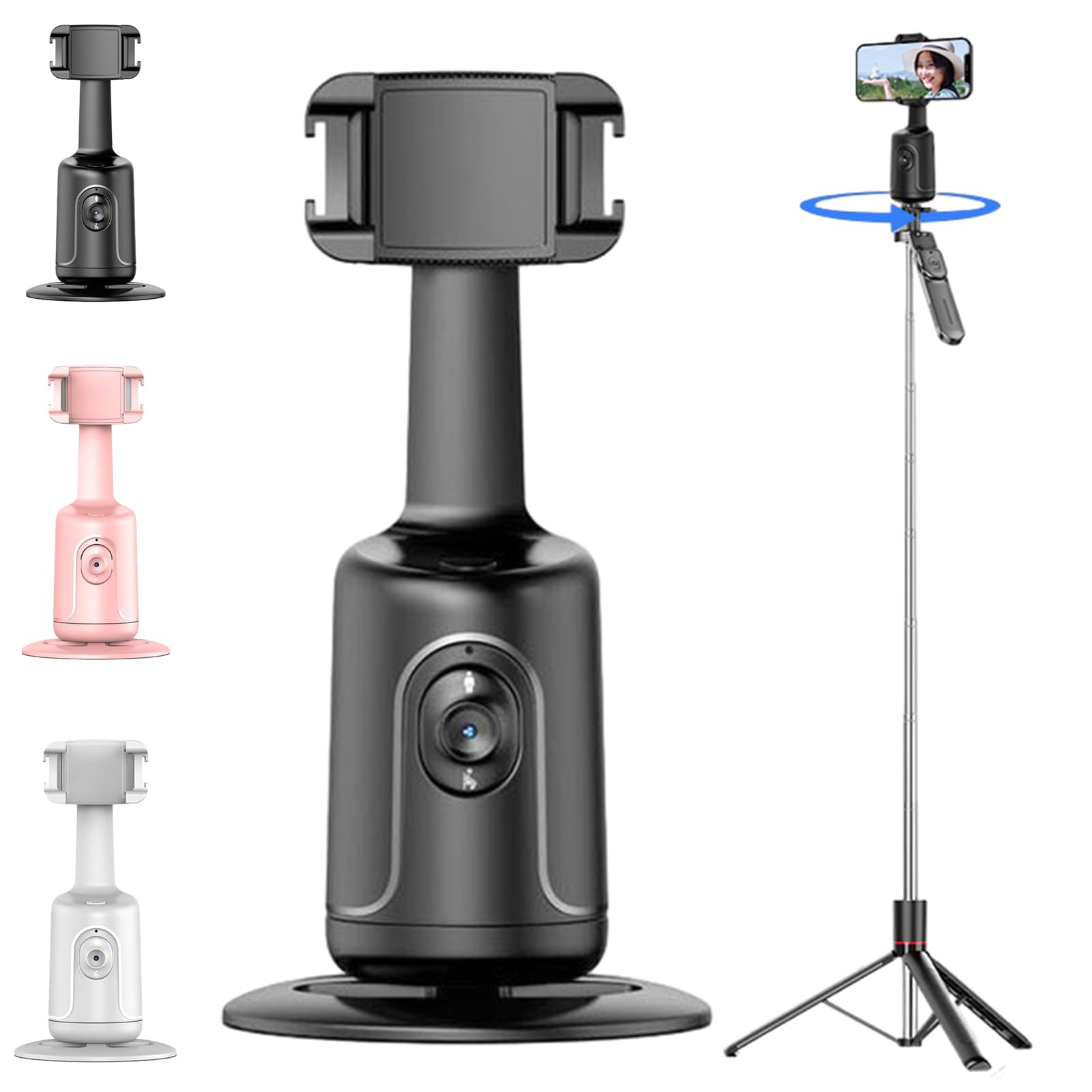 Smart Ai Facial Recognition Phone Tripod, 360° Auto Face Tracking Supports Gesture Control &amp; Remote Control No App for Outdoor Live Streams,Video Shoots,Dynamic Shots (Black + Stainless Steel Tripod)