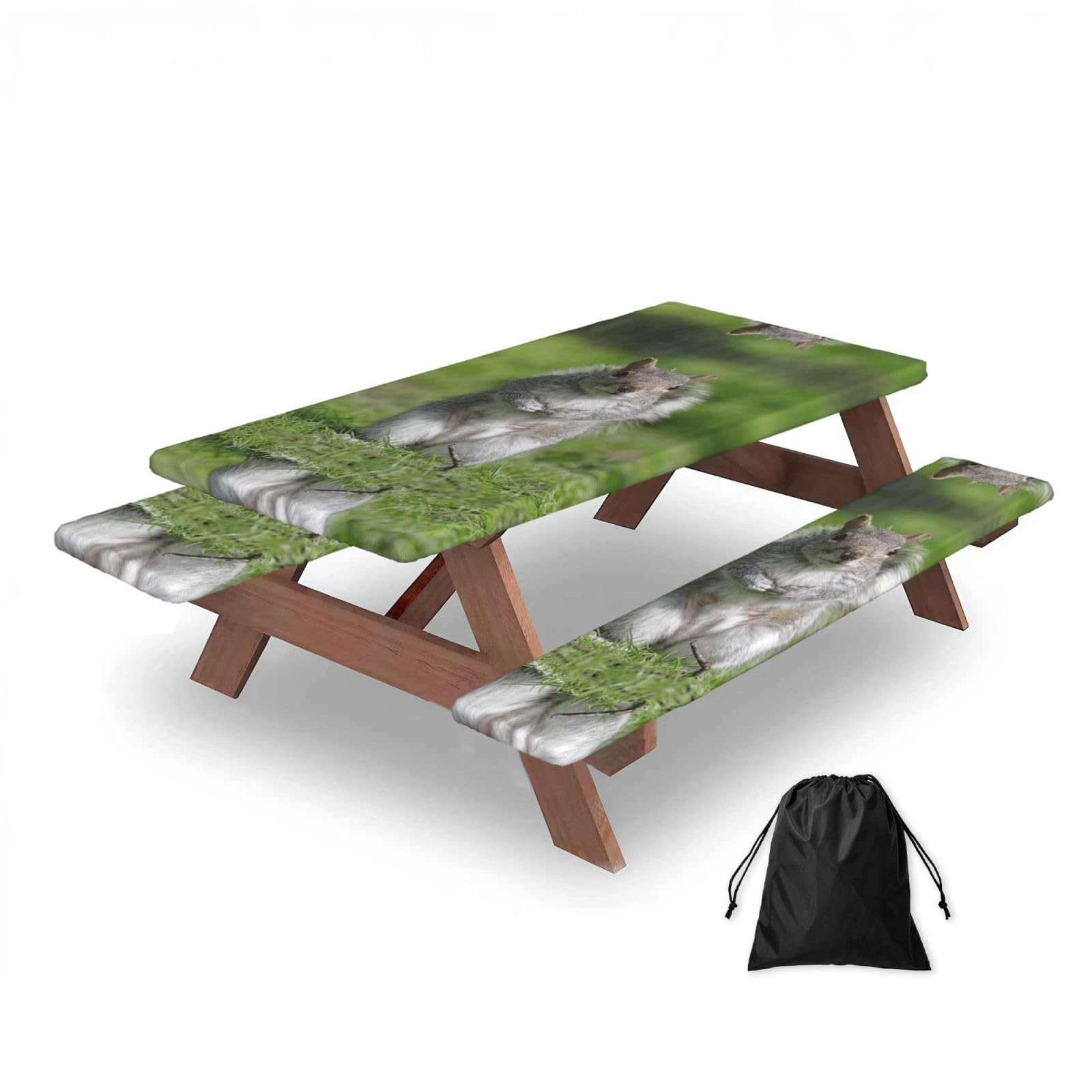 ESNAIUVCD Squirrel Print Picnic Table Cover With Bench Covers,Camping Essentials,Fitted Tablecloth Cover With Elastic Edge, For Indoor & Outdoor 3 Pcs