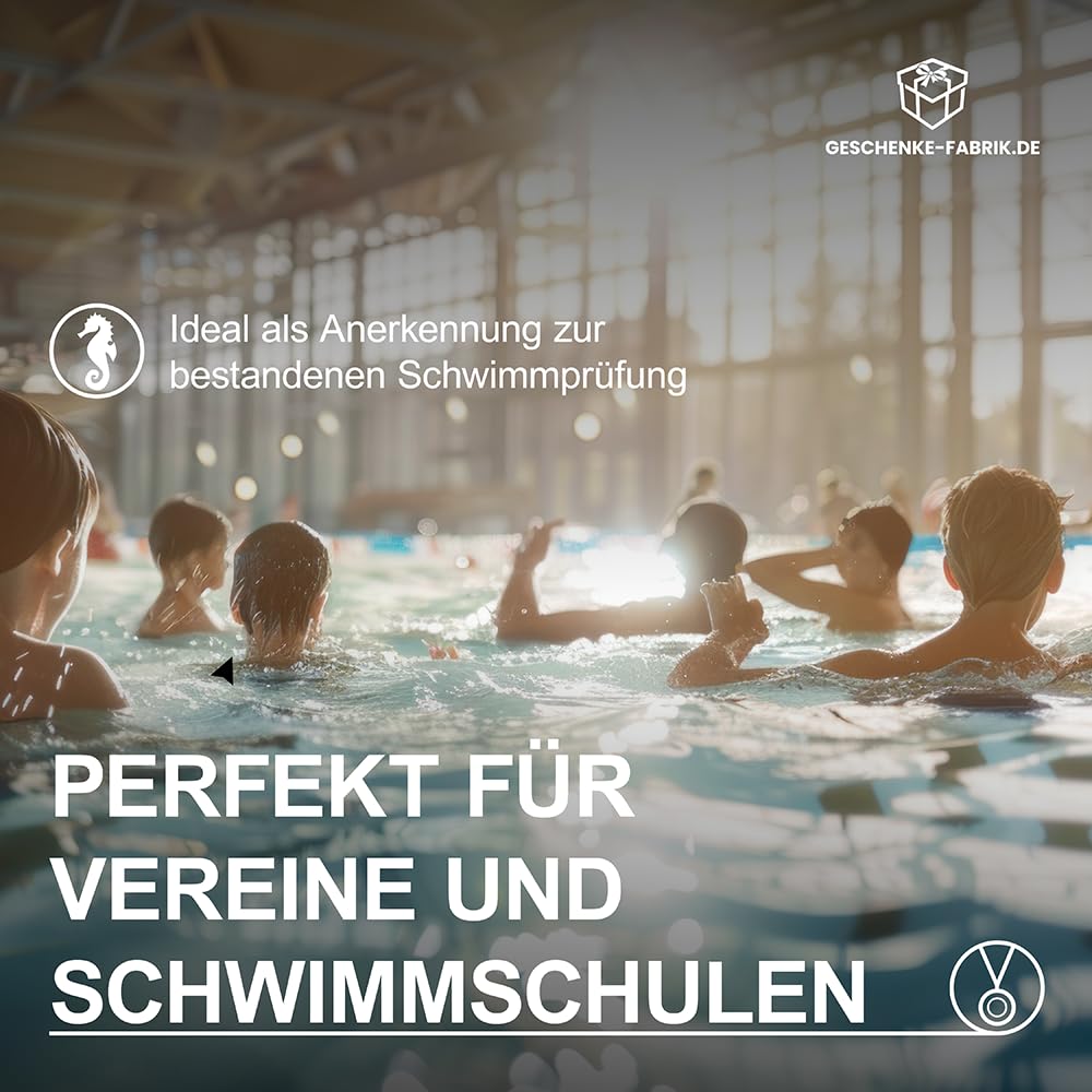 Pokal-Fabrik - Seepferdchen-Medaillen 10er Set Metall - Seepferdchenmedaille golden zum Umhängen für Siegerehrungen - Schwimmabzeichen Gold - Medaillen Kinder mit blauem Band für Vereine & Turniere