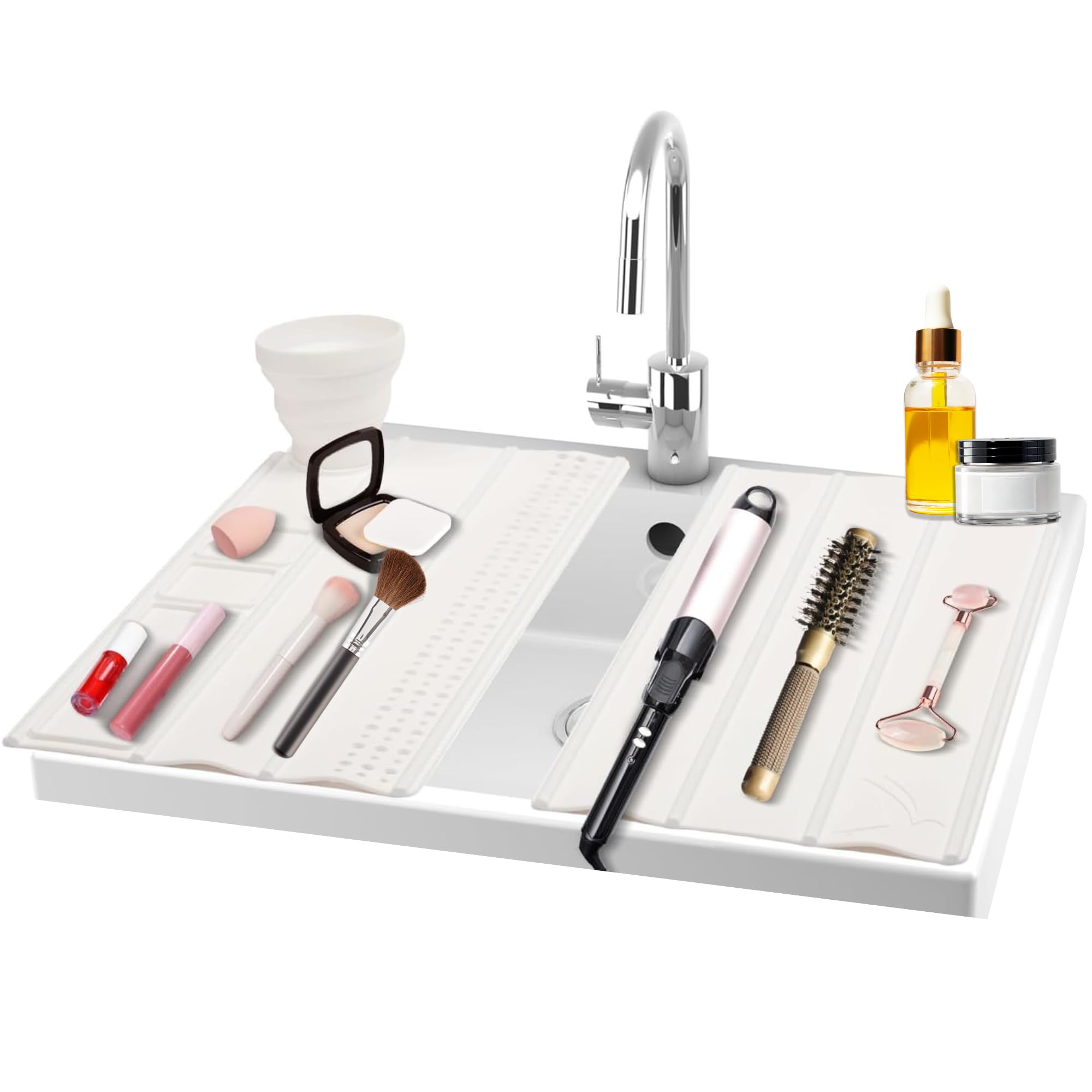 Bathroom Foldable Sink Cover for Counter Space - 2 Roll up Silicone Beauty Mat, Heat Resistant for hot Tools, Sink Topper Bathroom Countertop Organization, Travel Bag (White, Large, 2 Pcs)