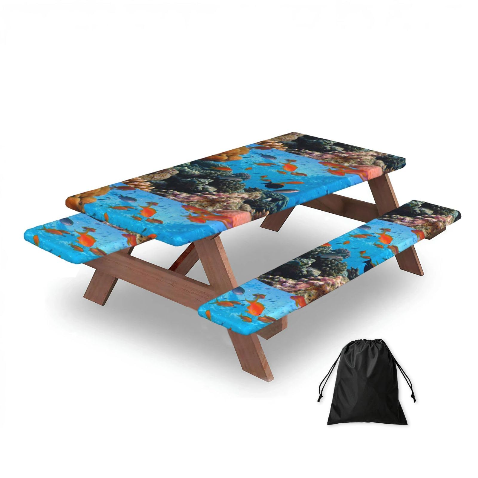 Dopklna As Picture Coral And Fish, Picnic Table Cover With Bench Covers -Waterproof Elastic Fitted Tablecloth For Garden Camping Patio 76X152cm