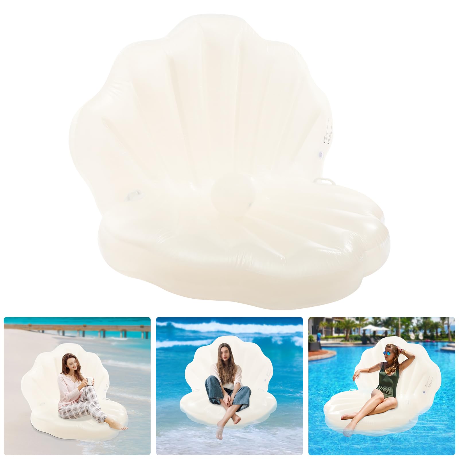 Galleggiante gonfiabile a forma di conchiglia, 120 x 120 x 120 cm, portata 100 kg, con palla di perle e maniglie, in PVC, per piscina, spiaggia, feste, extra spesso, bianco
